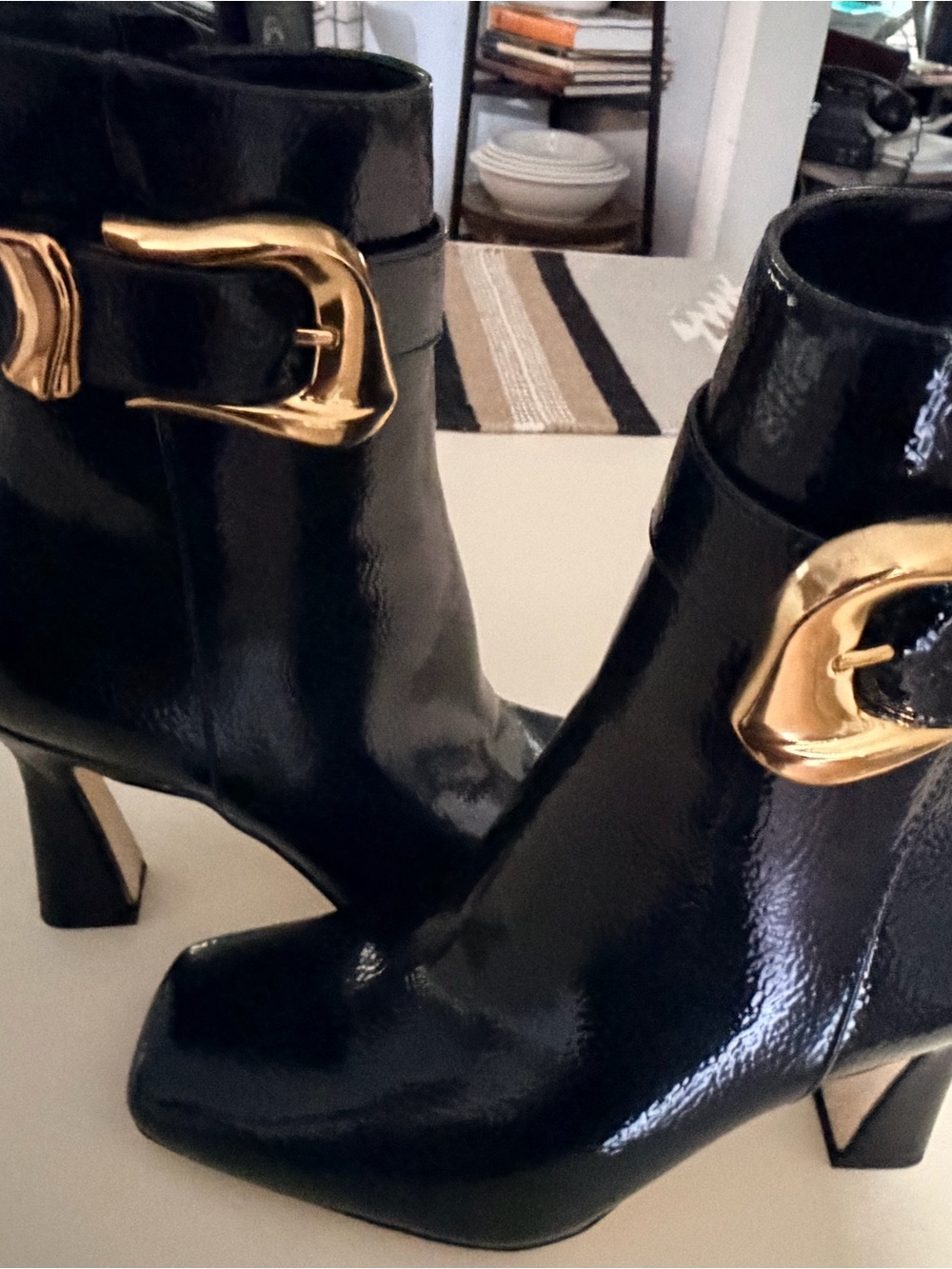 Circus by Sam Edelman Black Patent Ankle Booties with Gold Buckle